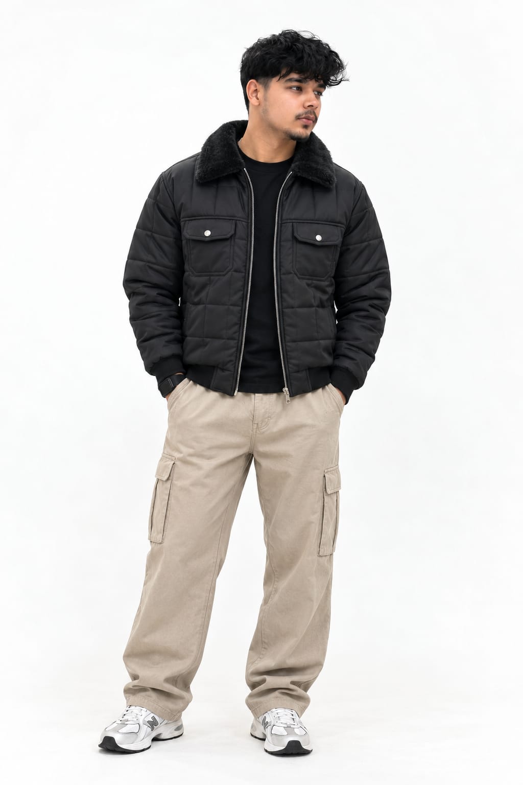 Men's Quilted Puffer Jacket with Fur Collar