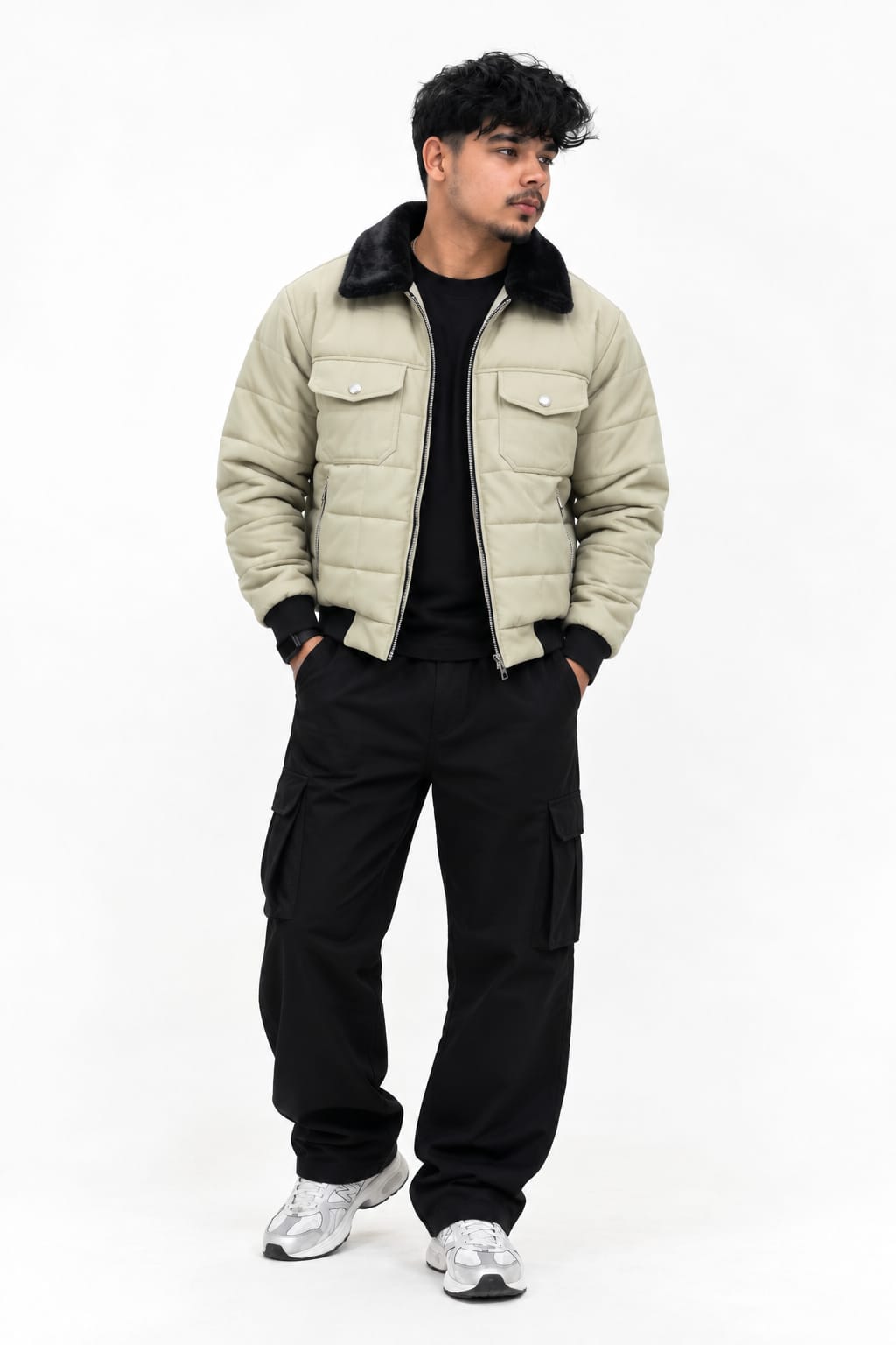 Men's Quilted Puffer Jacket with Fur Collar