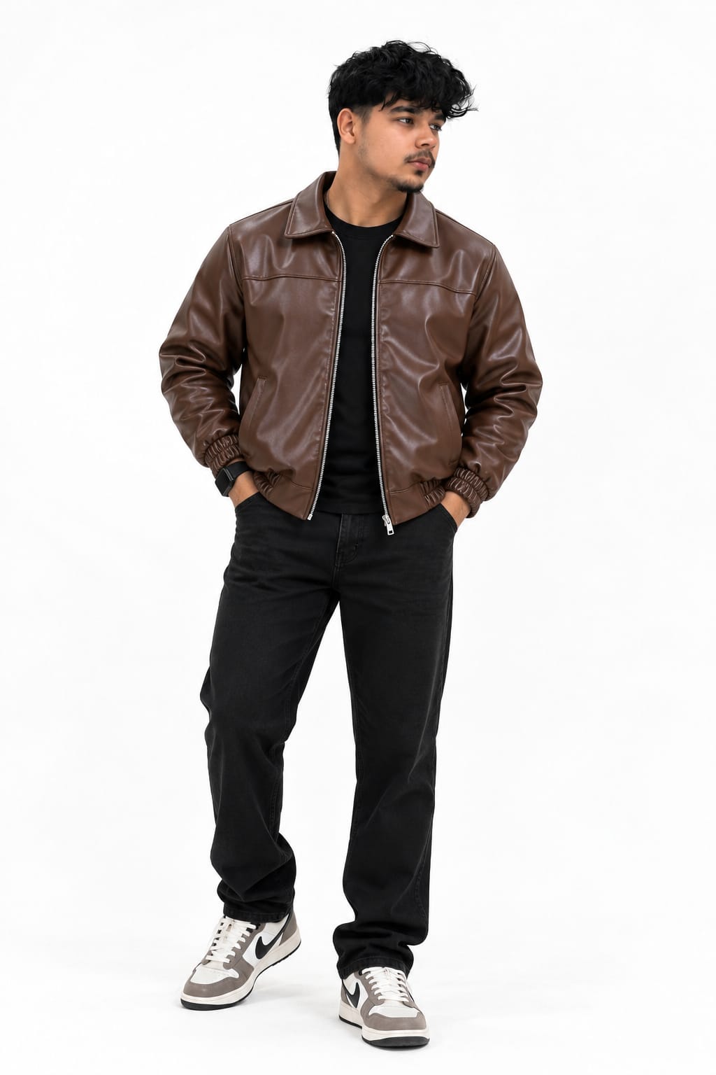 Men's Korean Style Leather-Look Bomber Jacket