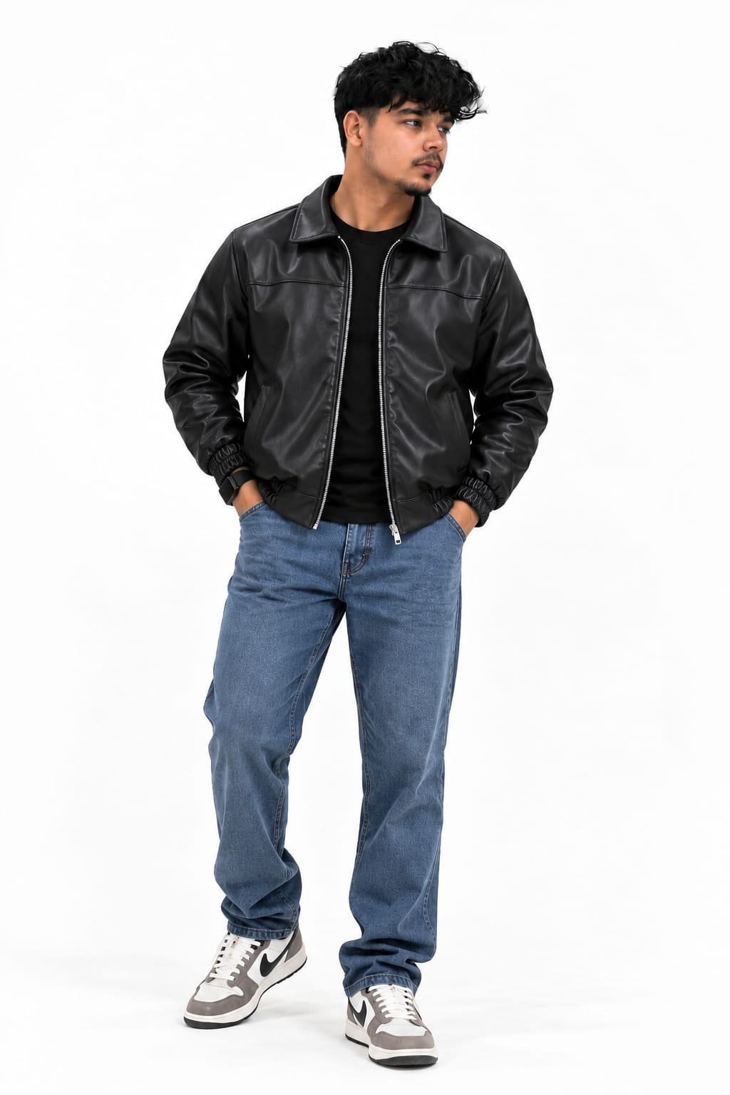 Men's Korean Style Leather-Look Bomber Jacket